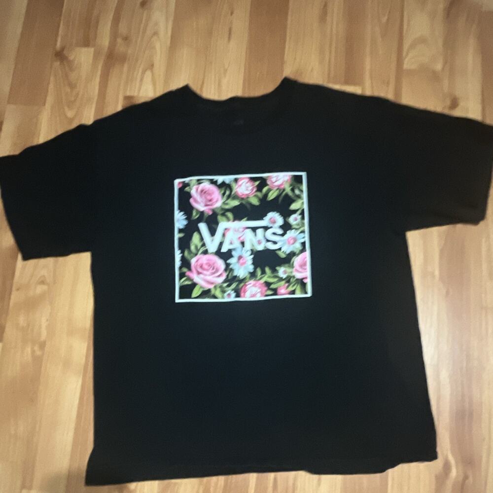 VANS Girl’s XL Black Floral Logo Graphic Print Crew Neck Short Sleeve T-Shirt